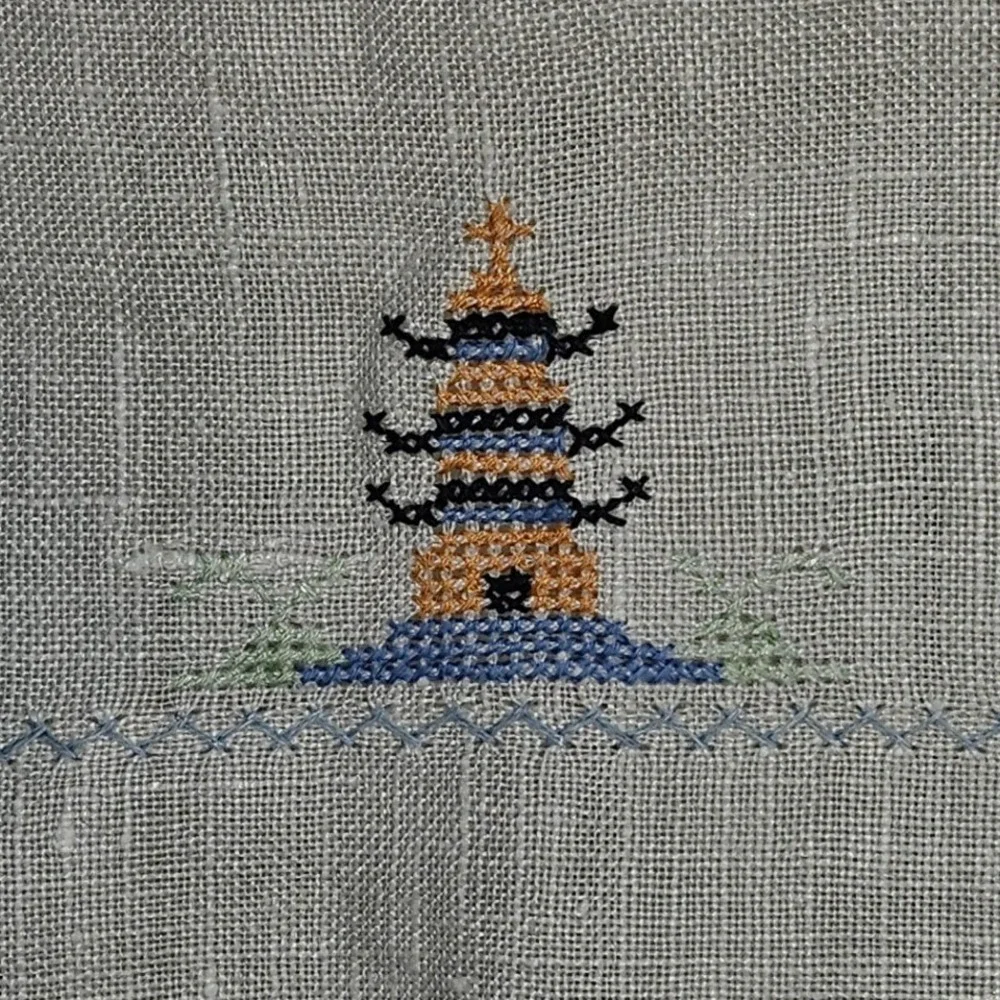 Vintage Hand Embroidered Linen Table Runner Pagoda Chinoiserie Cross Stitch